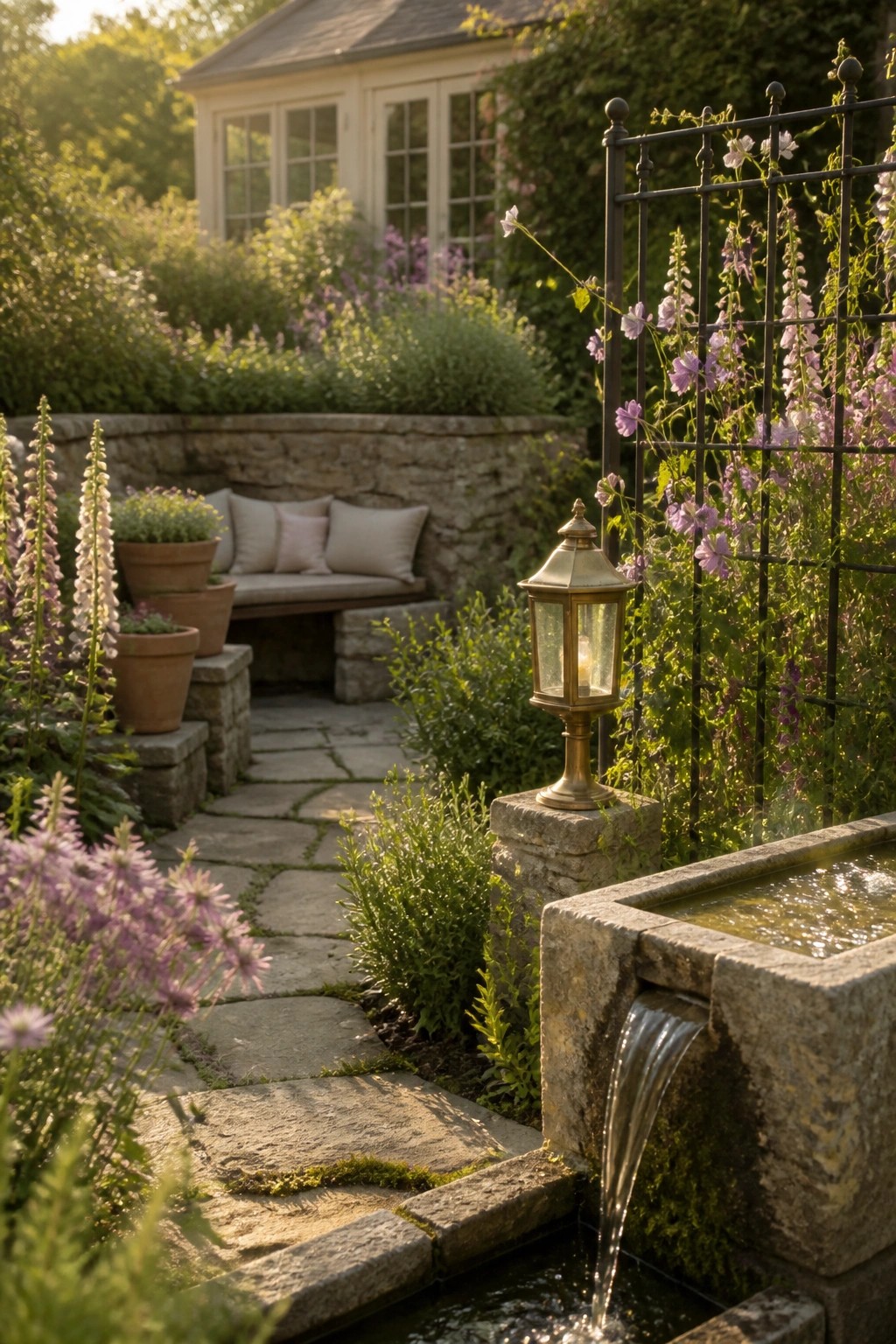 A stone bench is built into a low garden wall beside a paved path, surrounded by tall pink flowers, potted plants, and a brass lantern on a stone post.
