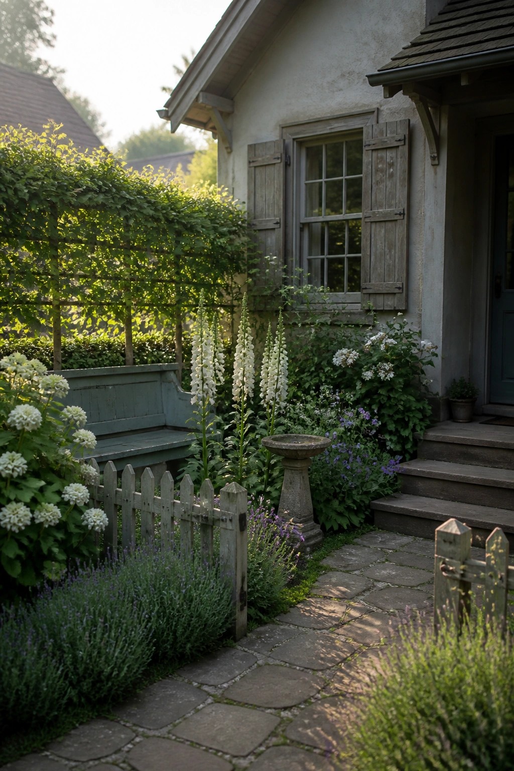 A stone path curves past a wooden bench set behind tall white flowers and shrubs beside a cottage wall with a window and steps.