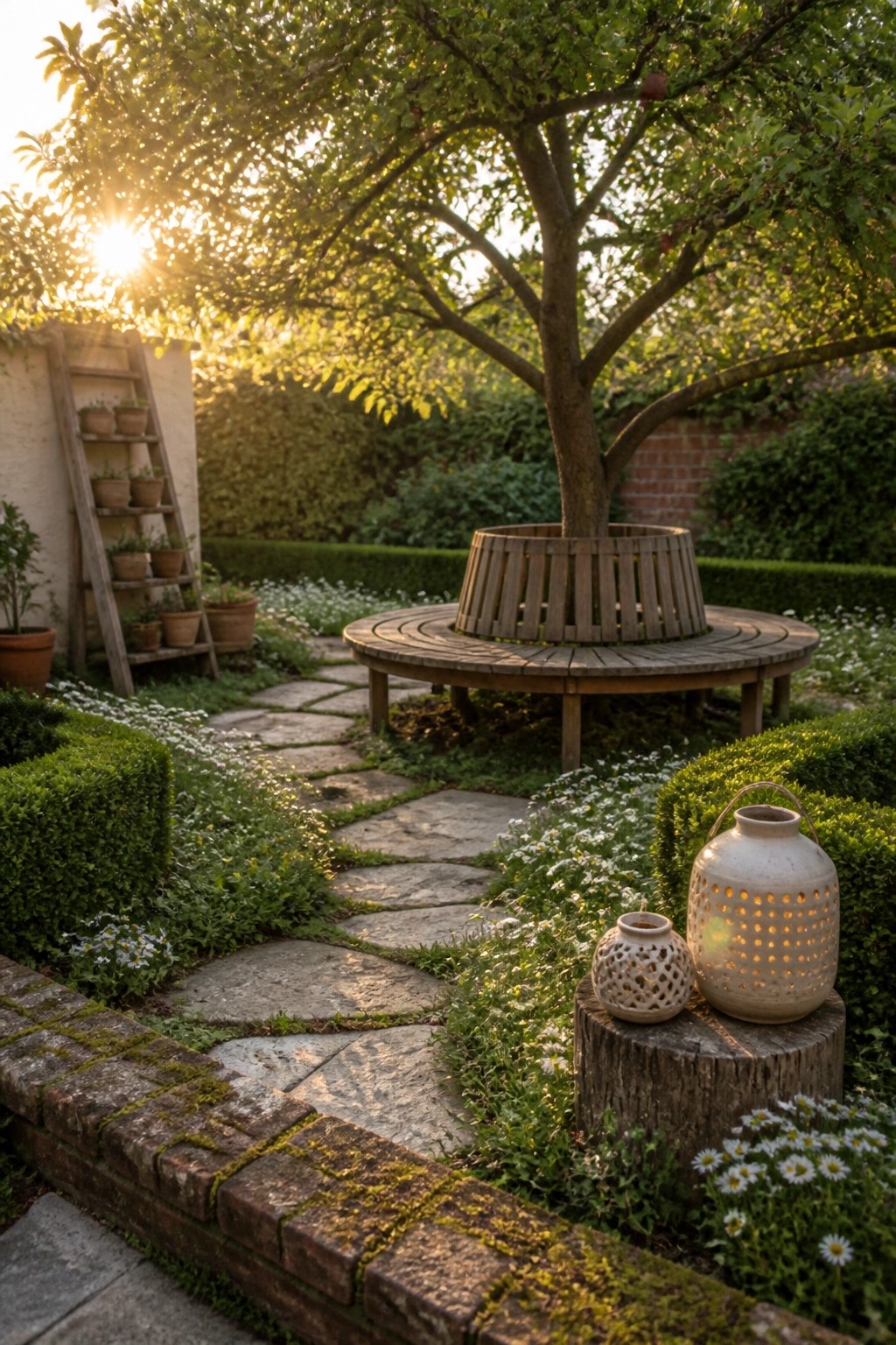 A garden with a large tree encircled by a round wooden bench, a stone path leading through flower beds, and two ceramic lanterns on a tree stump in the foreground.