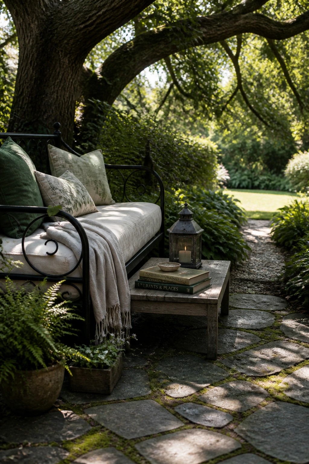 A cushioned bench with pillows and a throw sits on a stone path under trees, next to a wooden table holding stacked books and a lit lantern, with potted ferns nearby.