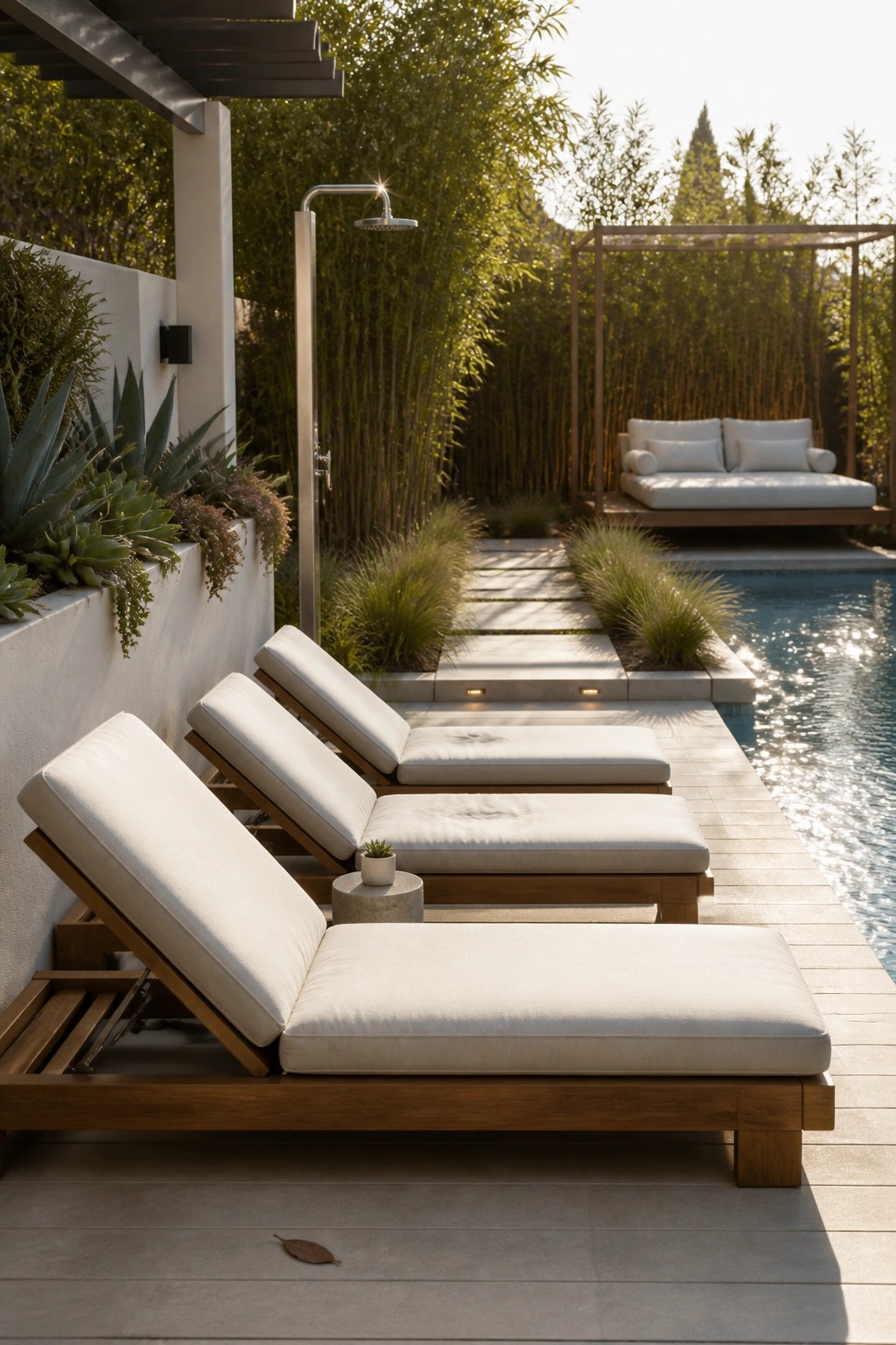 Modern wooden lounge chairs by pool with outdoor shower and bamboo garden path