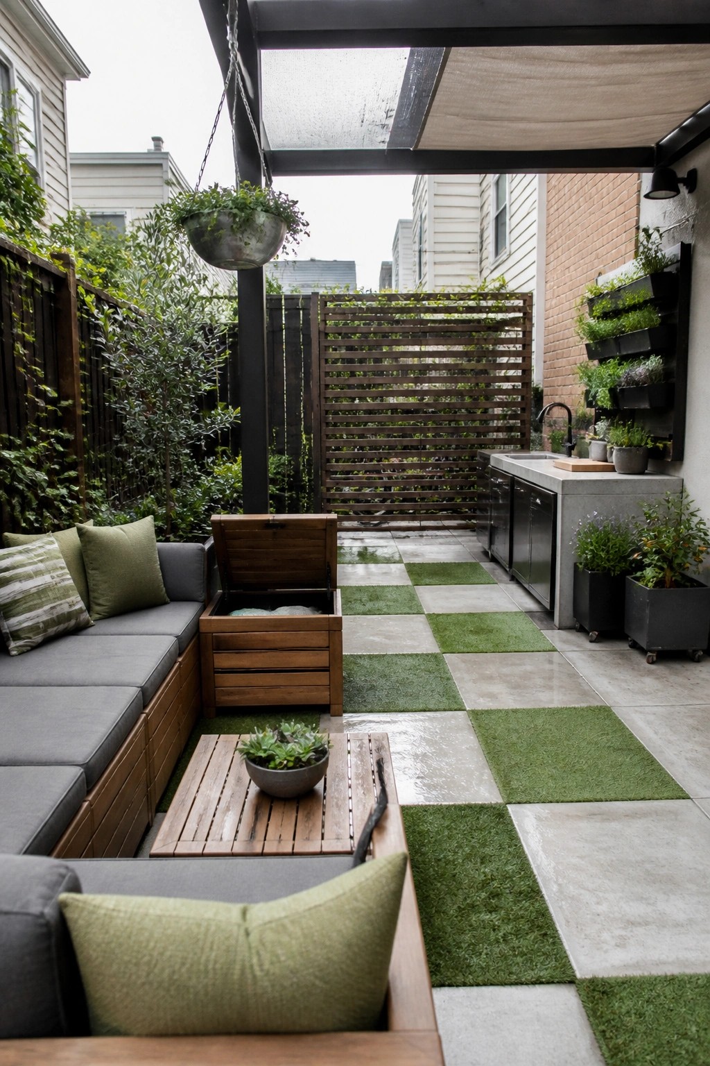 A patio with a checkered pattern of green turf and light stone tiles, featuring built-in wooden seating with storage, a wooden coffee table, an outdoor kitchen area, and various potted plants.