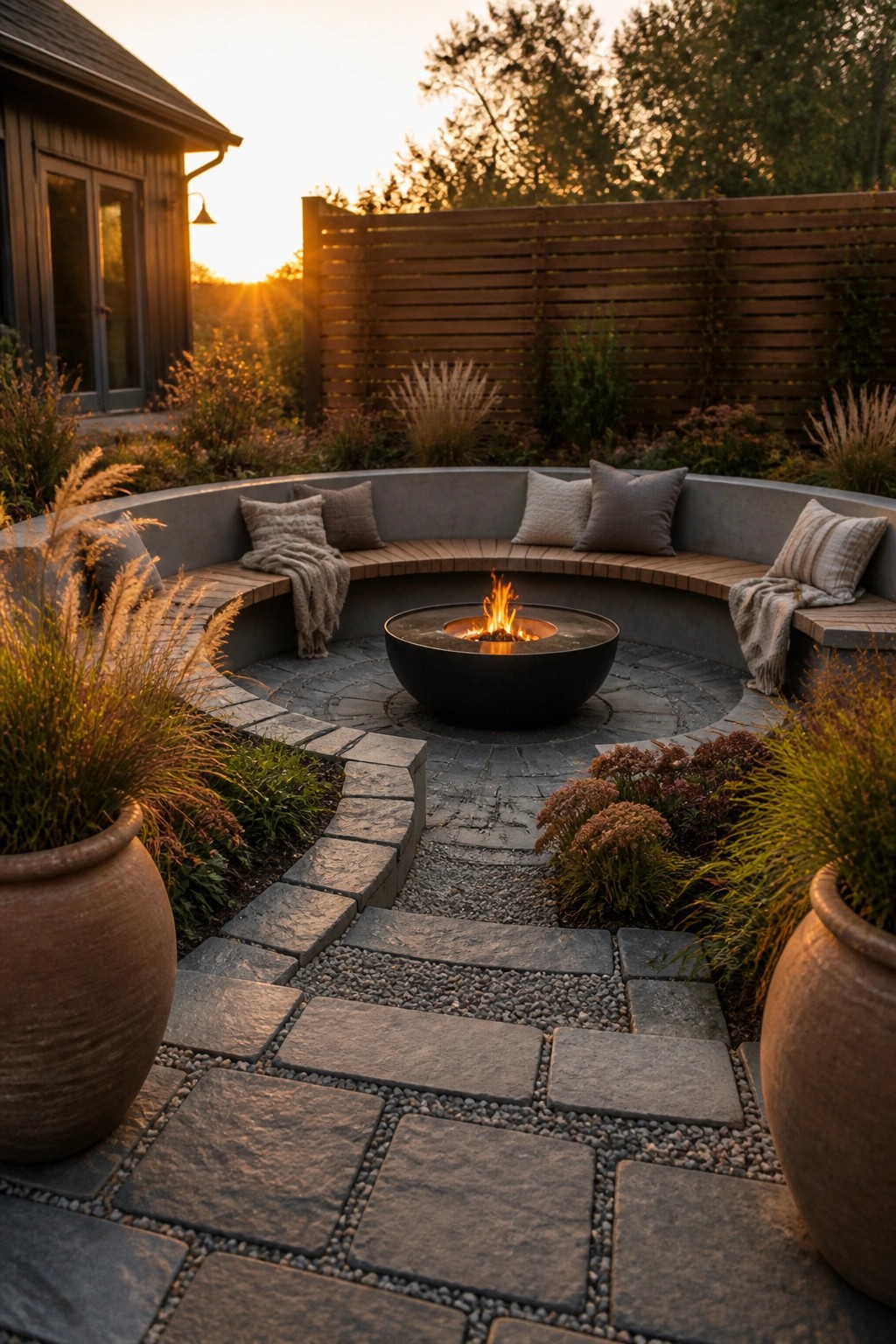 A round black fire pit sits at the center of a curved concrete bench with cushions on a stone patio, with a gravel path leading to it and large potted plants on either side.