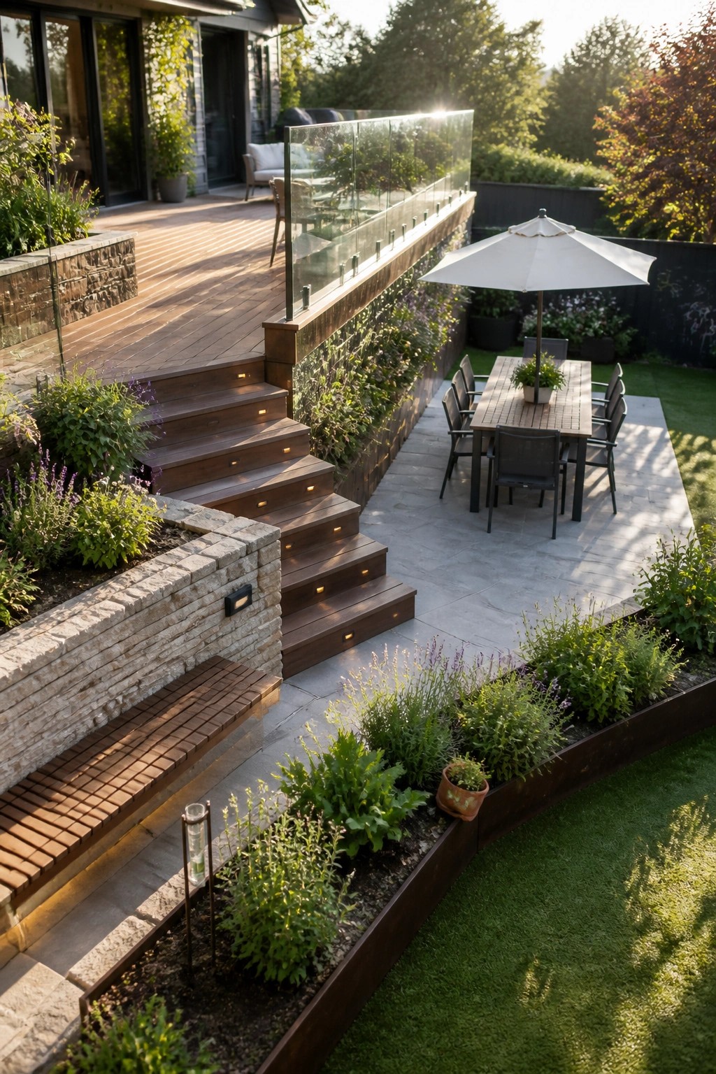 A multi-level backyard patio with wooden stairs connecting a raised deck to a lower stone seating area that includes a dining table under an umbrella, bordered by garden beds and retaining walls.