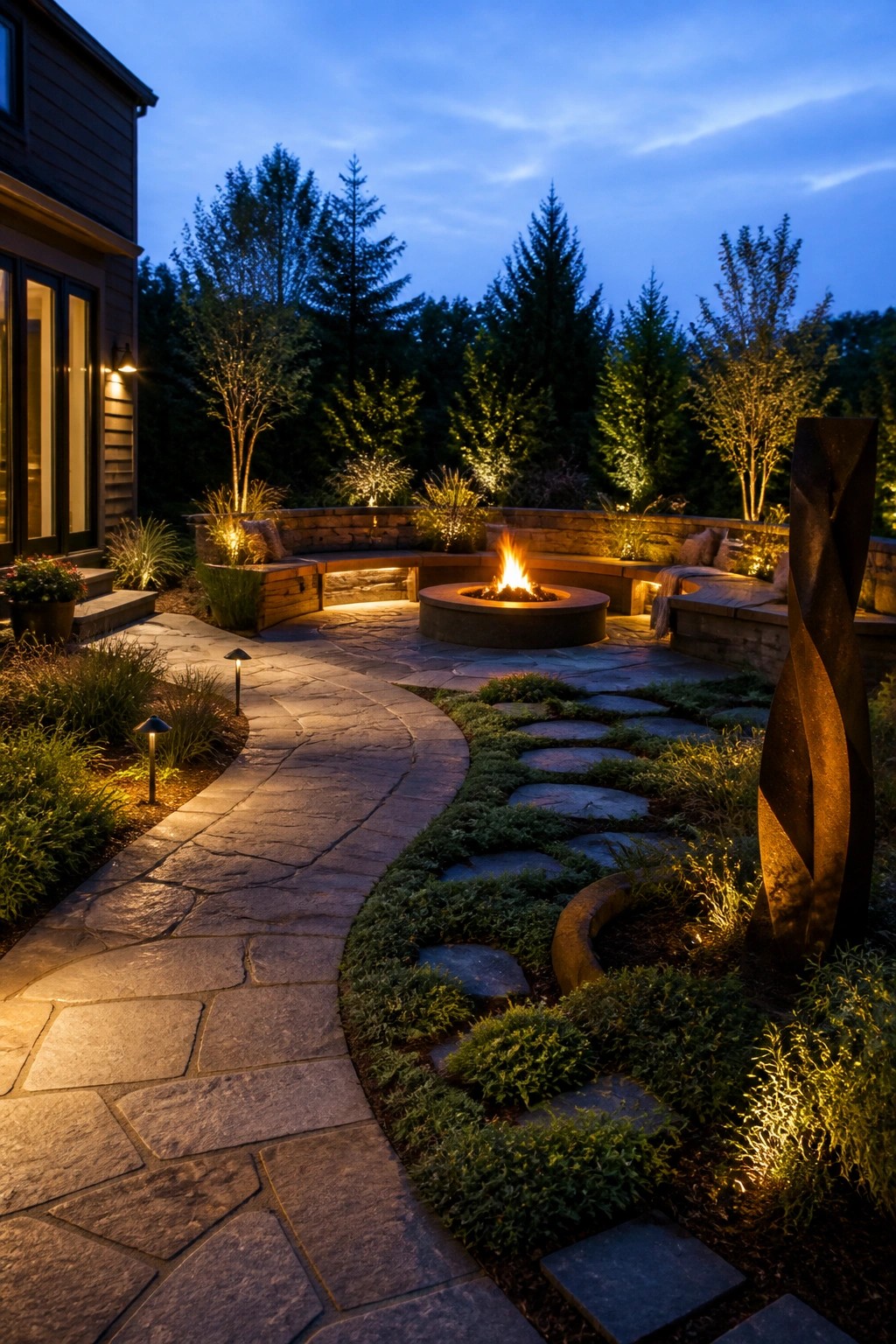 A twilight backyard patio with a curved flagstone path leading to a central fire pit, built-in stone seating, and surrounding garden beds with landscape lighting.