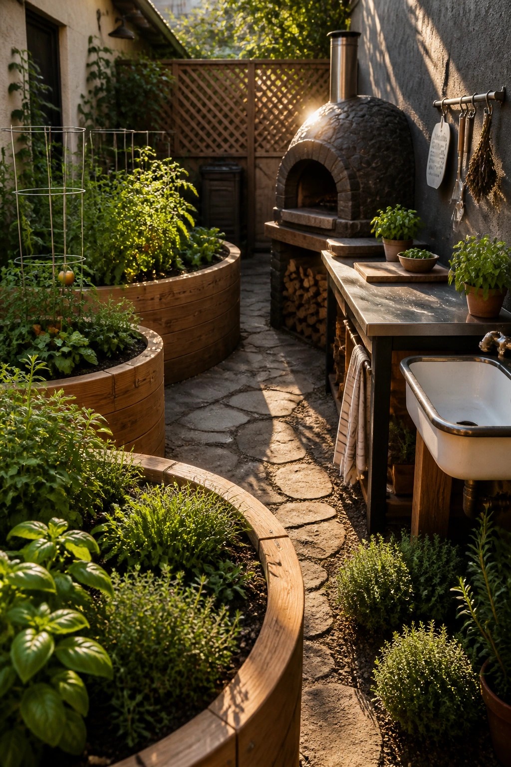 A narrow stone path runs between curved wooden raised garden beds on the left and an outdoor kitchen with a stone pizza oven and sink on the right.