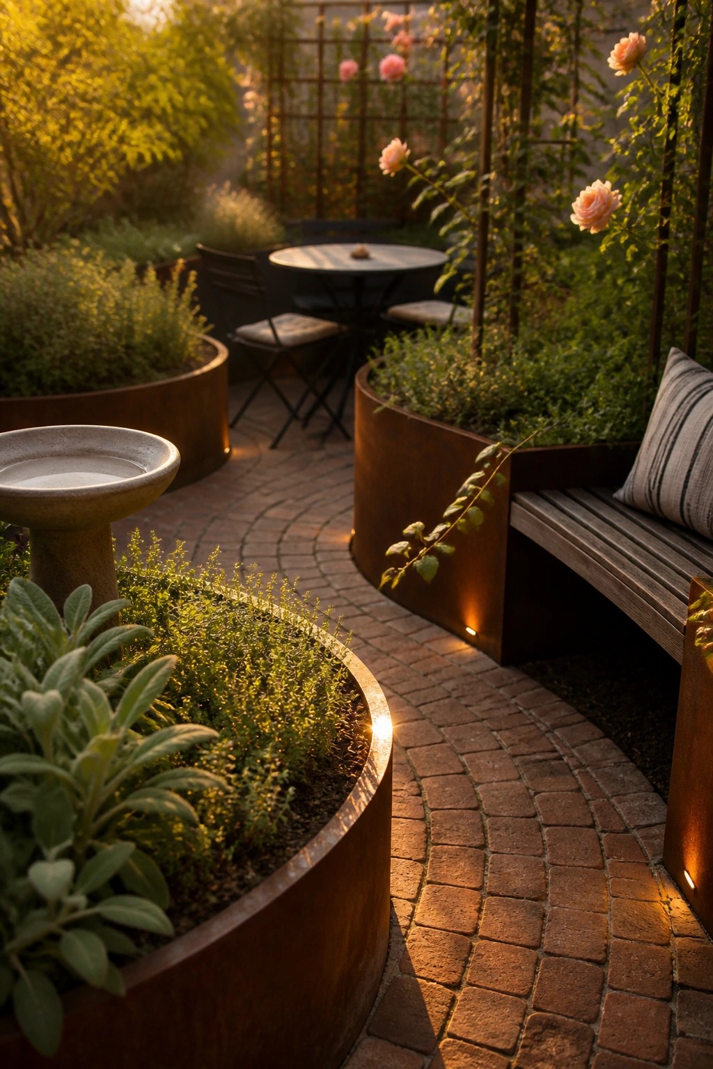 A curved brick pathway runs through a garden patio lined with large round metal planters holding shrubs and flowers, with a wooden bench built into one planter and a small table and chairs in the background.