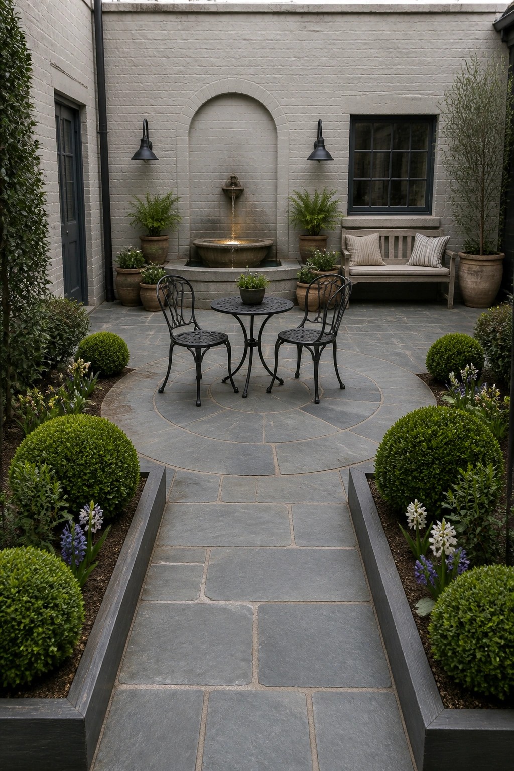 A stone courtyard with a circular paved seating area holding a small table and two chairs, a fountain against the back wall, potted plants, and a straight stone path bordered by shrubs leading to the circle.