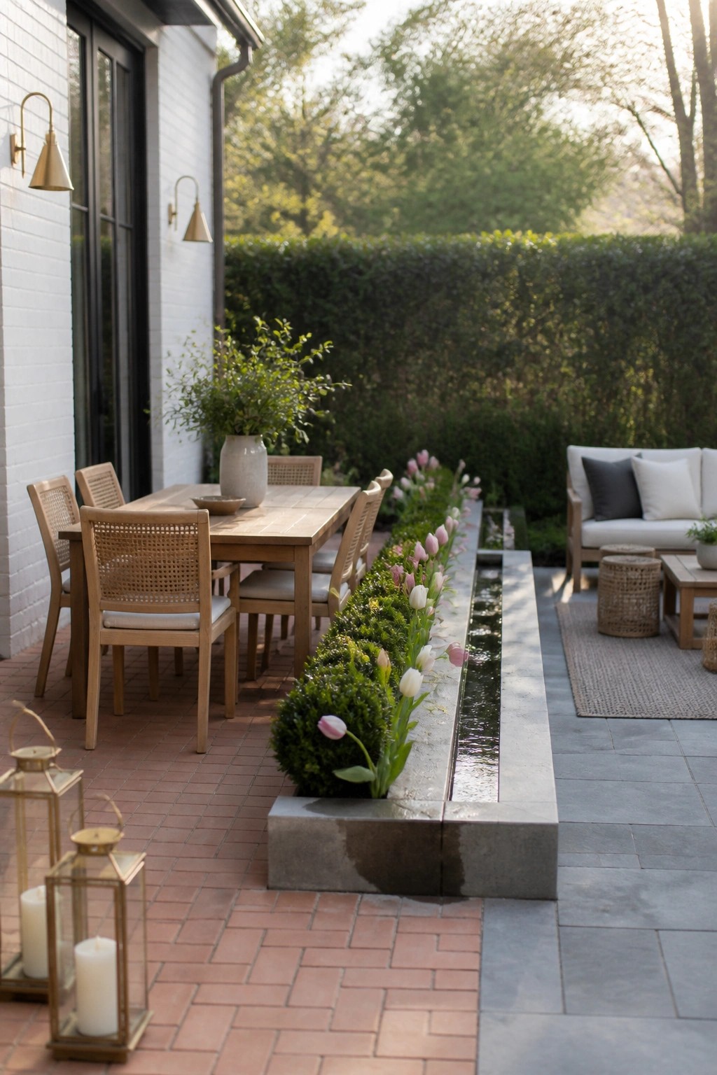 Outdoor patio showing a wooden dining table on brick pavers beside a long concrete water trough planted with tulips, next to a sofa on stone paving.