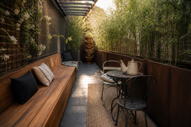 24 Functional Patio Garden Layout Ideas to Improve Flow, Seating, and Plant Zones A narrow outdoor patio features a long wooden bench with pillows on the left, a round table with chairs on the right, tall planters with bamboo, and a woven rug on stone pavers.