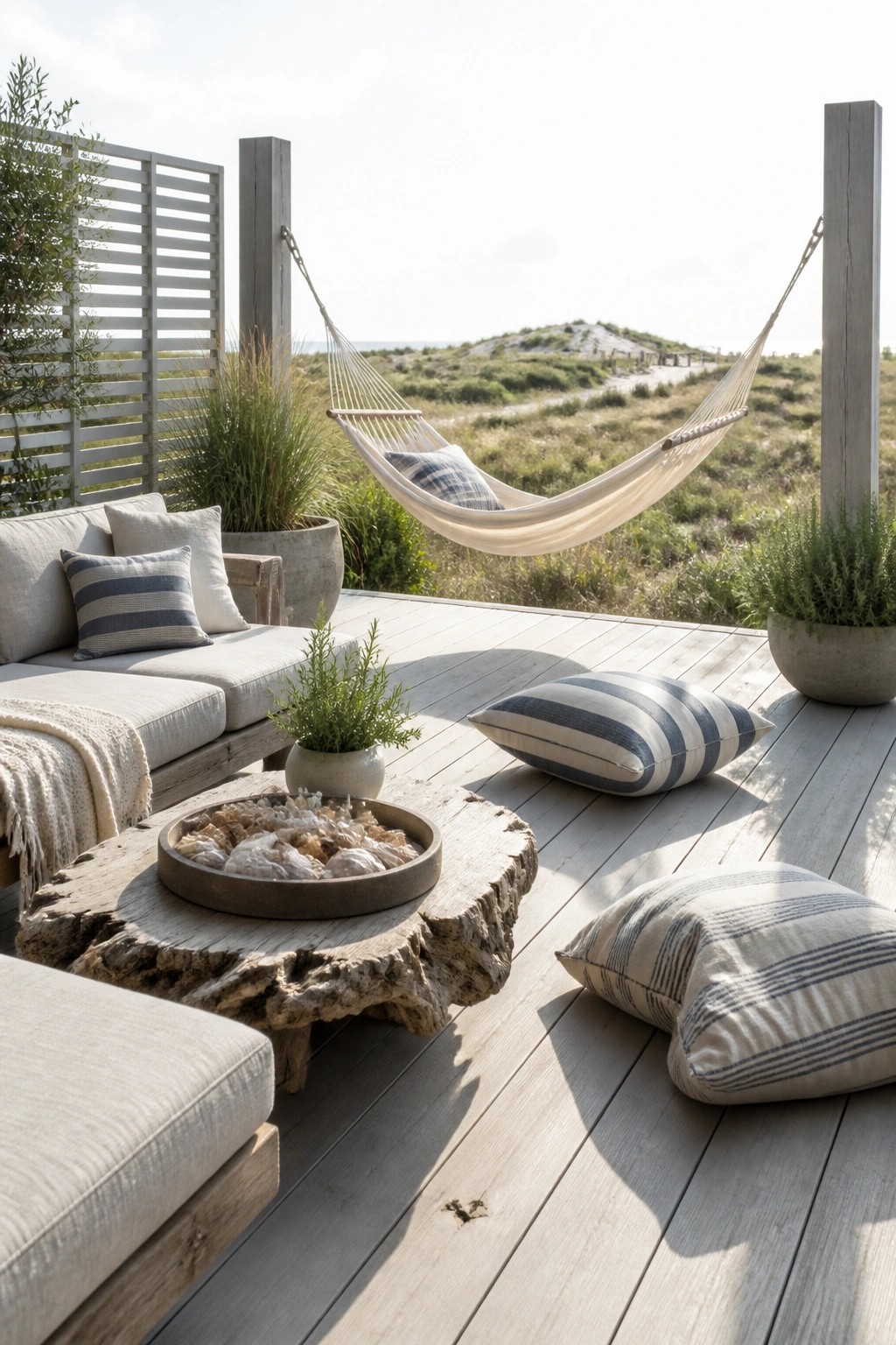 A wooden deck features a white hammock suspended between two posts, a light-colored sectional sofa, a rustic wood coffee table with a fire bowl, and several striped pillows placed on the deck surface.