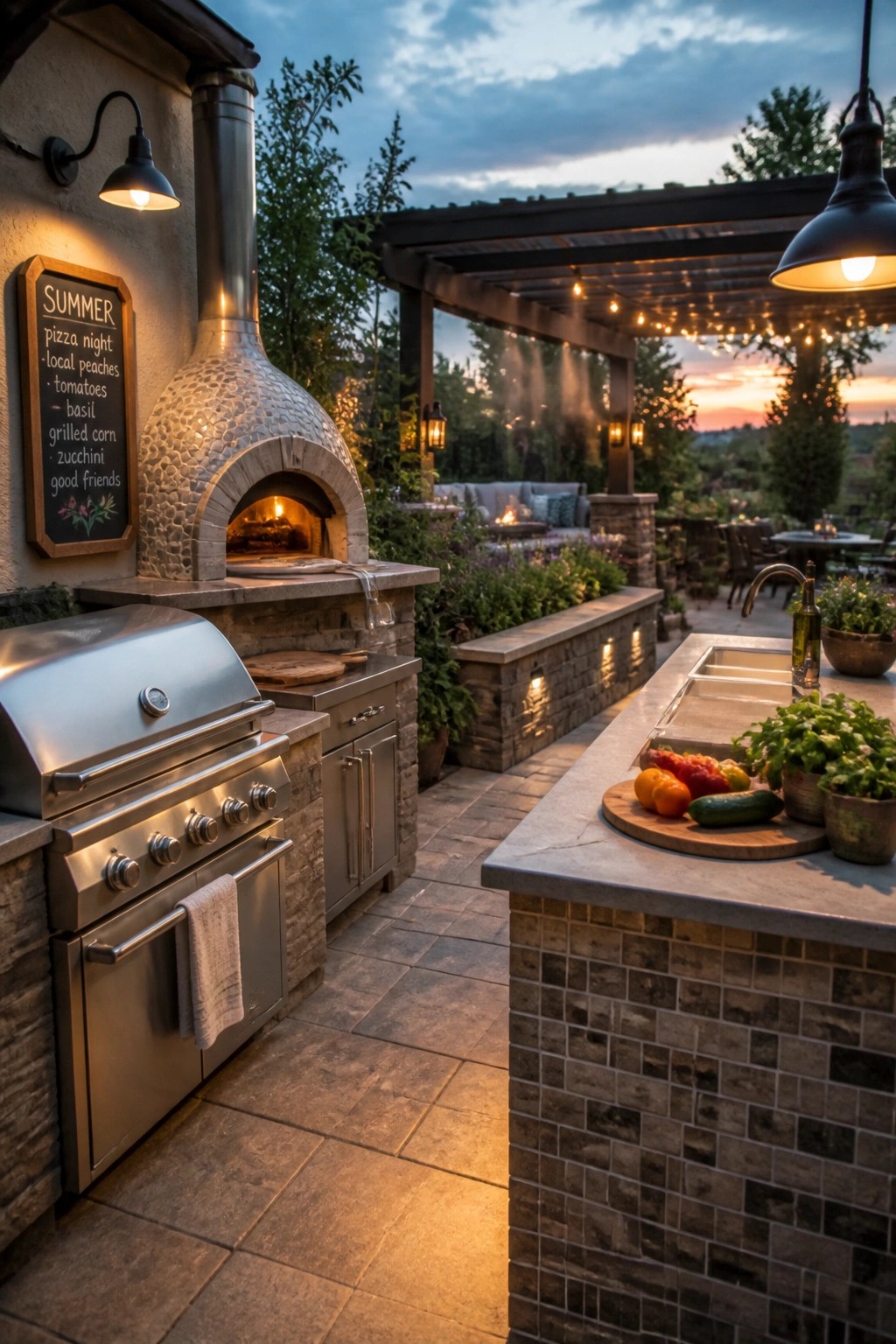 An outdoor kitchen with a stainless steel grill, stone pizza oven, and long countertop with fresh vegetables sits along a stone patio beside a pergola with string lights and distant seating.