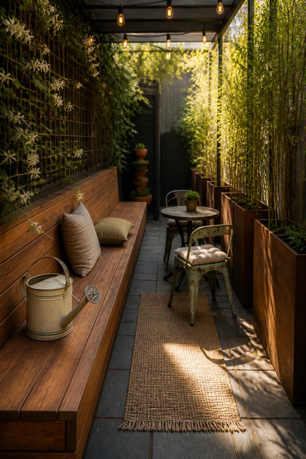 A narrow outdoor patio features a long wooden bench with pillows on the left, a round table with chairs on the right, tall planters with bamboo, and a woven rug on stone pavers.