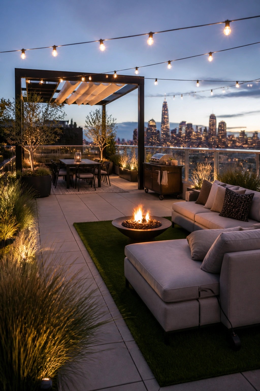A rooftop patio at dusk featuring a round fire pit placed on a rectangular patch of turf, surrounded by light gray sectional sofas, with a pergola-covered dining area, string lights, and potted plants along the edges.