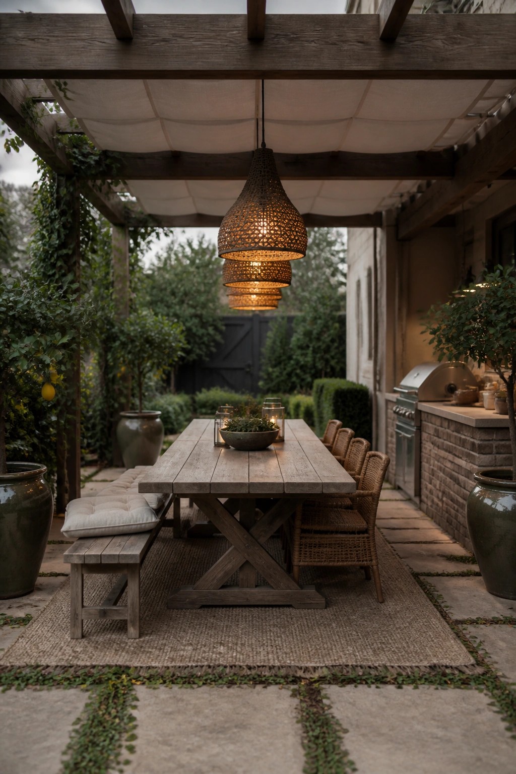 A long wooden dining table under a wooden pergola on a stone patio, with a cushioned bench on one side and woven chairs on the other, surrounded by large potted plants and greenery.