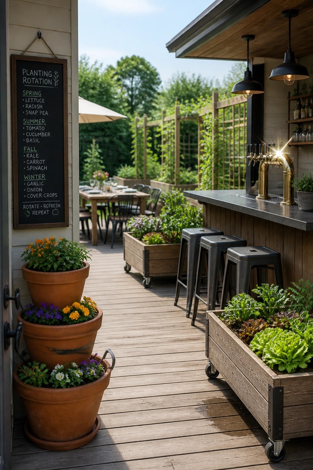 A wooden deck patio with a bar counter, metal stools, hanging pendant lights, and multiple wheeled wooden raised planter boxes containing vegetables and flowers, plus stacked terracotta pots and a chalkboard listing planting rotations.
