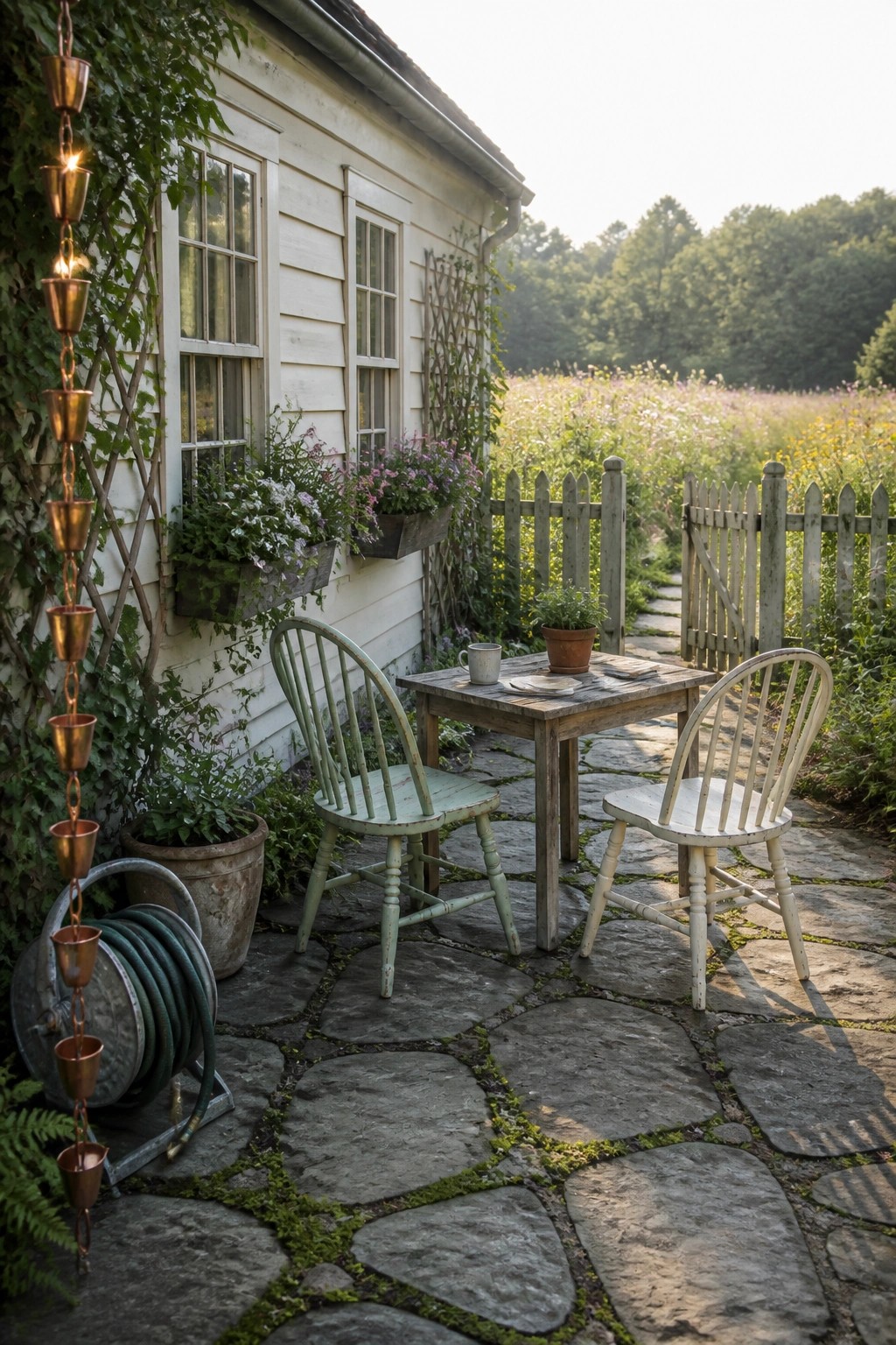 Rustic cottage patio with wooden table and chairs on mossy stone path