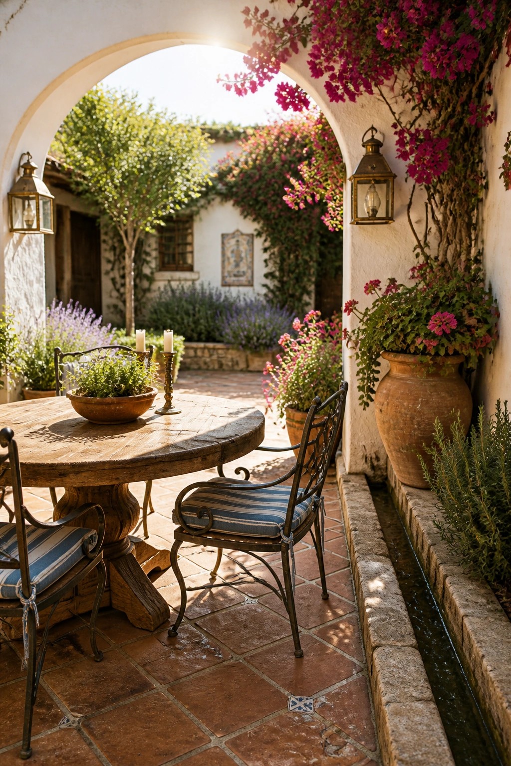 A round wooden patio table with metal chairs sits on terracotta tiles beside a narrow water channel, surrounded by potted plants and climbing flowers under a white archway.