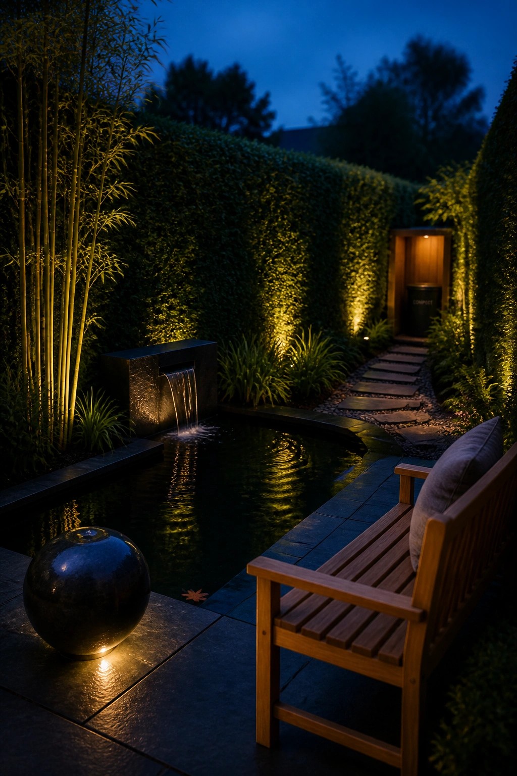 A nighttime garden scene showing a wooden bench beside a small pond with a waterfall feature, a stone path winding through tall hedges and bamboo, and soft lighting along the path.
