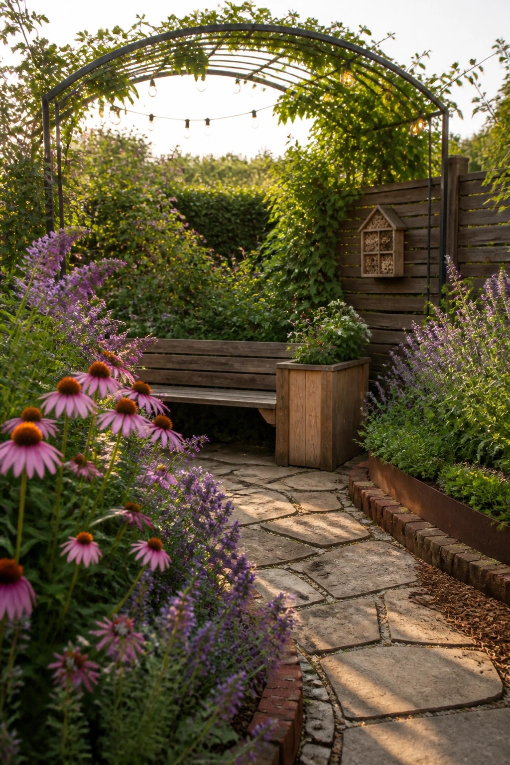 A curved stone path leads through dense purple and pink flowers to a wooden bench beneath a metal arch with string lights, bordered by a wooden fence and raised garden bed.
