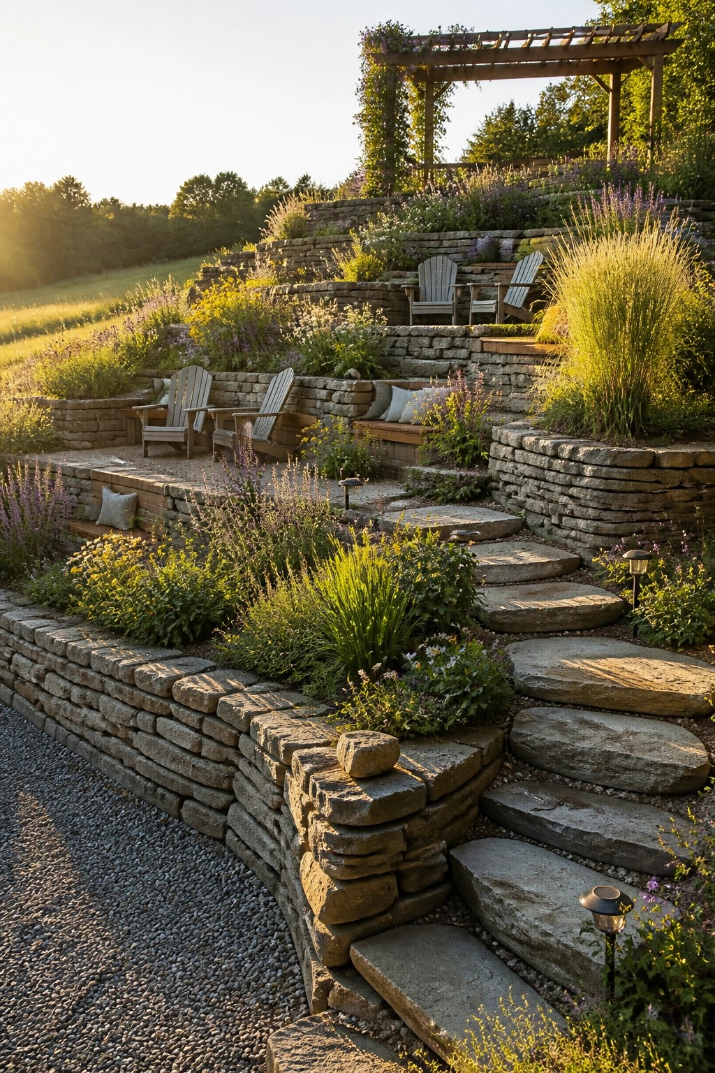 A hillside garden with multiple levels of stacked stone retaining walls, stone pathways, wooden seating areas, and layered plants and flowers.
