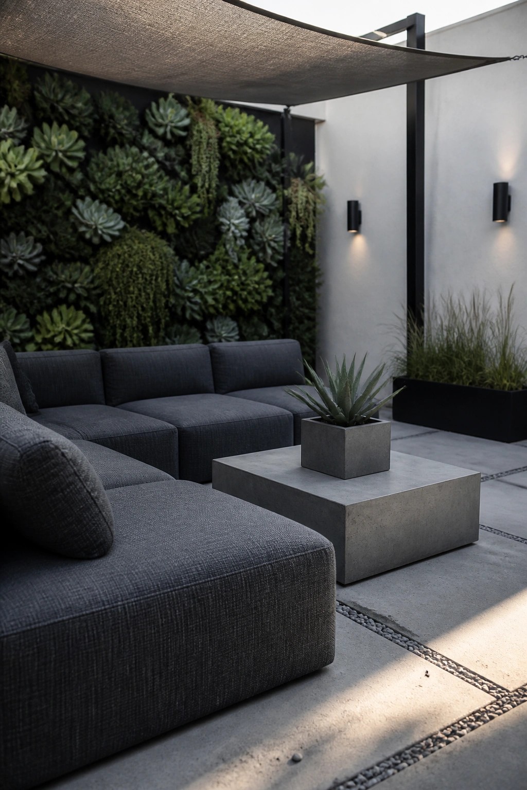 Modern outdoor patio with gray sectional sofa, concrete table, and succulent living wall.