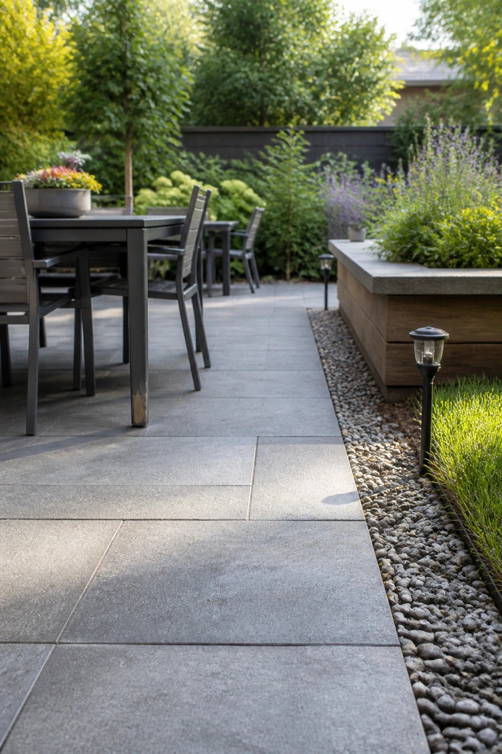 Modern stone patio with dark dining table and wooden raised planter box