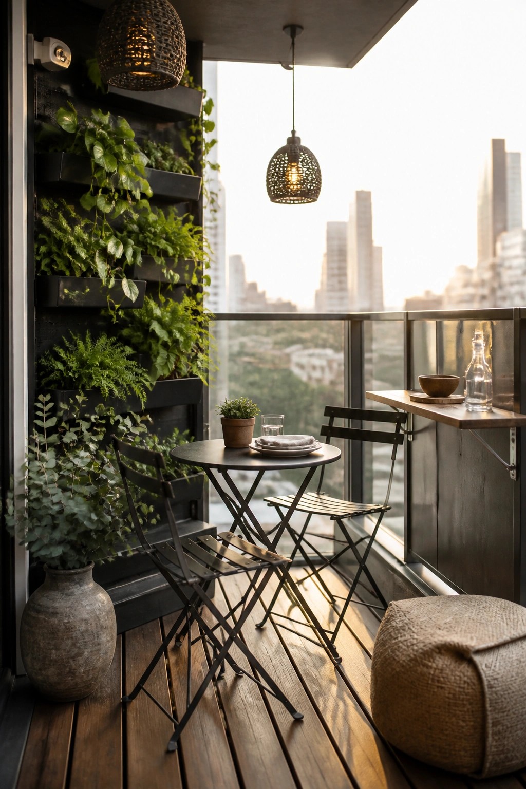 A narrow urban balcony features a black vertical plant wall filled with green foliage, a small round metal table with two folding chairs, one hanging woven pendant light, and a distant city skyline view.