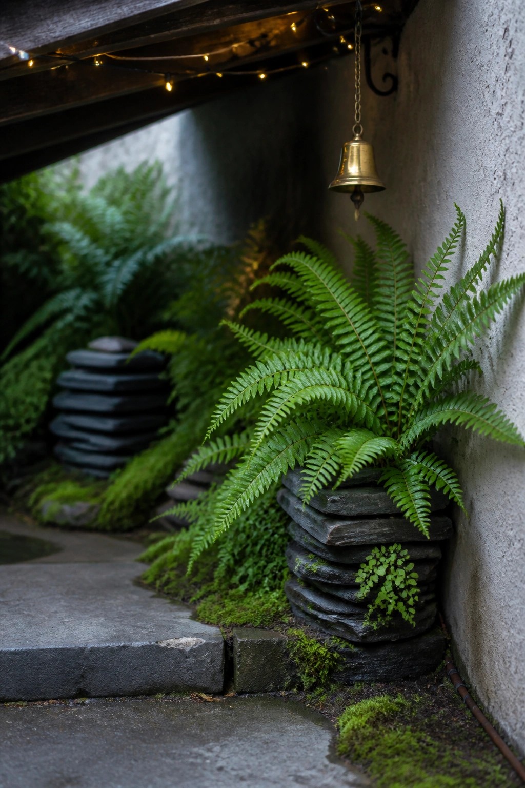 Lush fern in stacked stone planter beside hanging brass bell with string lights