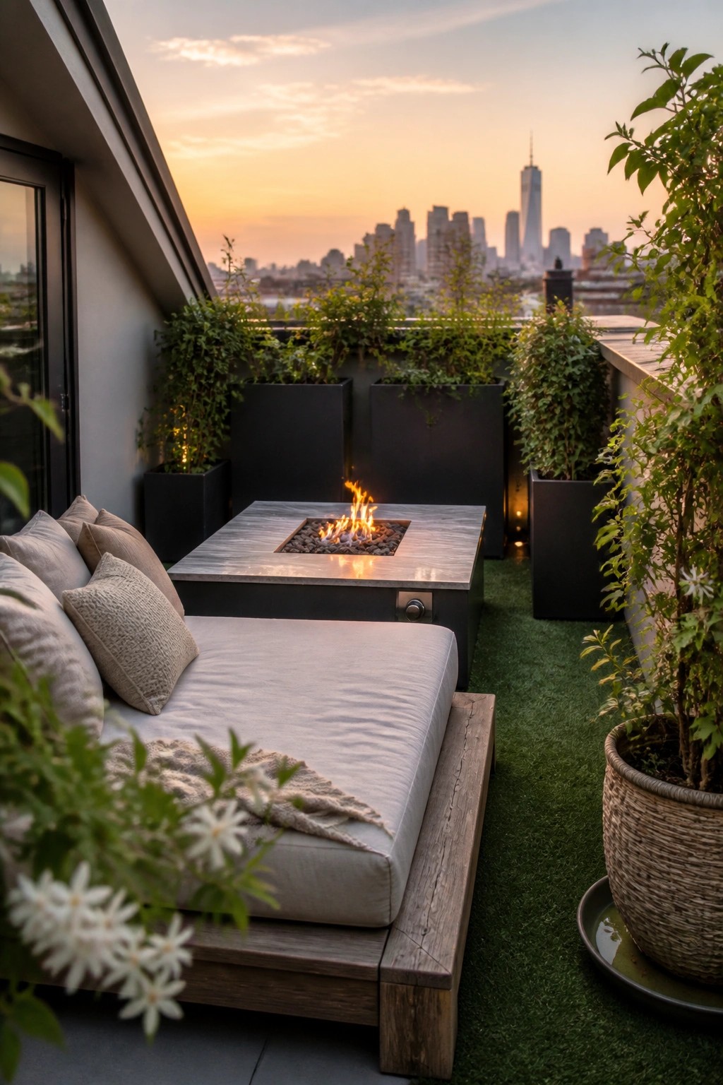 A rooftop terrace features a square metal fire pit table with a burning fire, an outdoor daybed with cushions, and multiple large planters filled with green plants against a city skyline at dusk.
