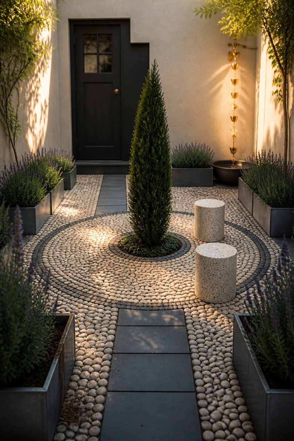 A small paved courtyard with a central evergreen in a circle of light pebbles, gray planters with lavender along both sides, and a stone path leading to a black door.