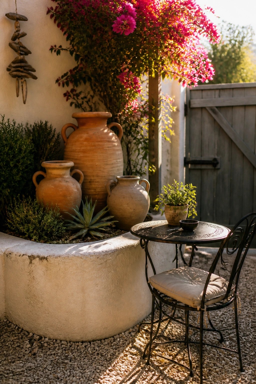 A small outdoor corner with several large terracotta pots arranged in and around a low white planter bed, next to a black metal table and chair on gravel.