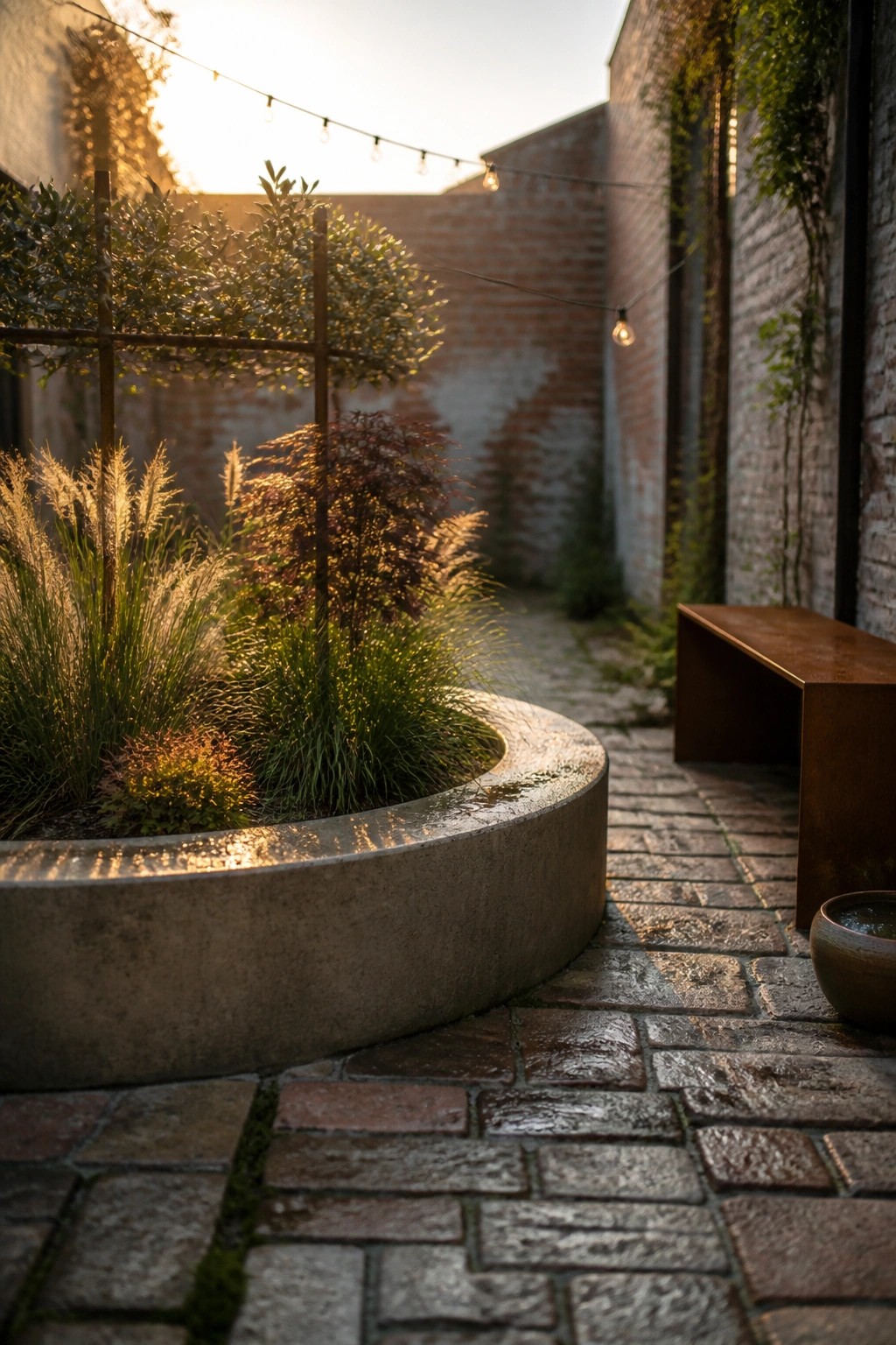 A narrow brick-paved garden space with a large curved concrete planter holding grasses and shrubs, string lights overhead, and a wooden bench along one wall.