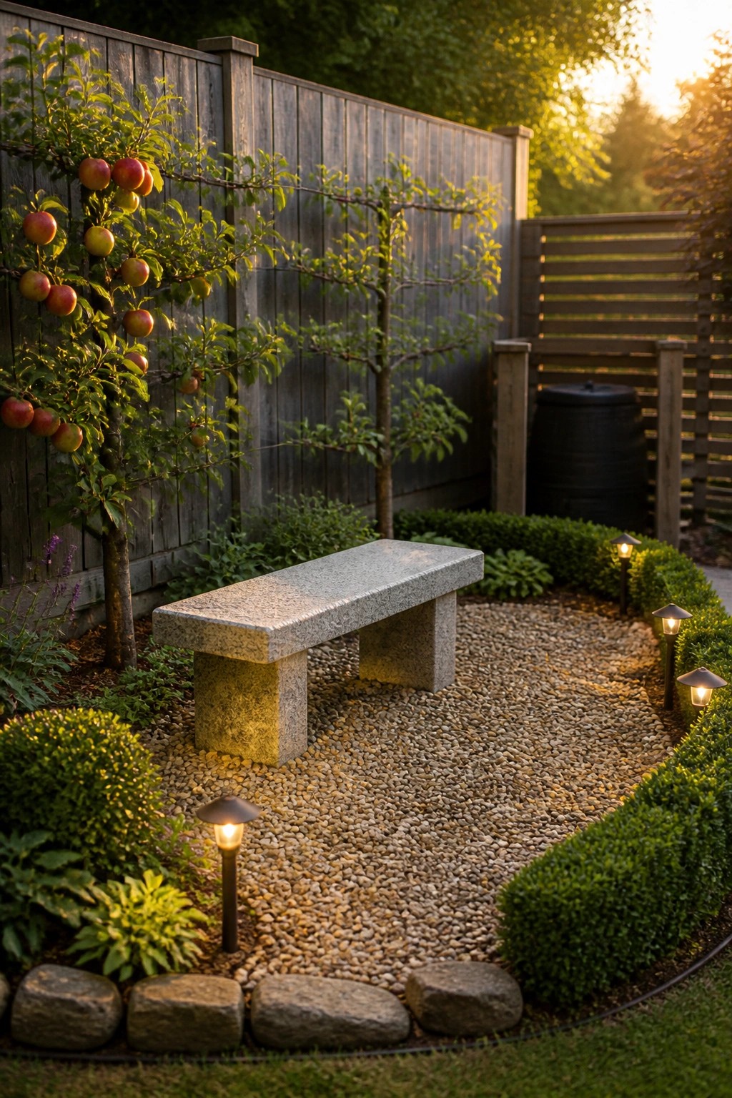 A stone bench rests on a gravel surface bordered by rocks and low shrubs in a fenced garden area with apple trees and path lights.