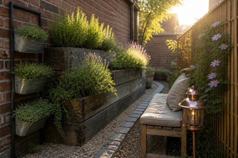 23 Practical Small Garden Ideas for Tight Corners, Odd Shapes, and Awkward Layouts Tiered wooden planters mounted against a brick wall in a narrow outdoor space, with a bench, gravel path, and lantern visible.