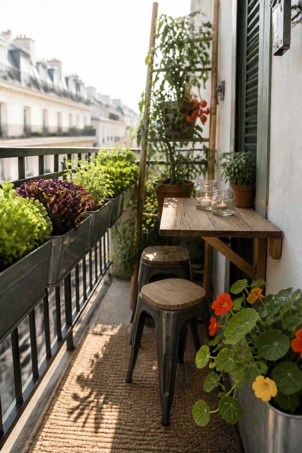 A narrow balcony with a wooden fold-down table attached to the wall, two metal stools underneath, potted plants along the railing, and a woven rug on the floor.