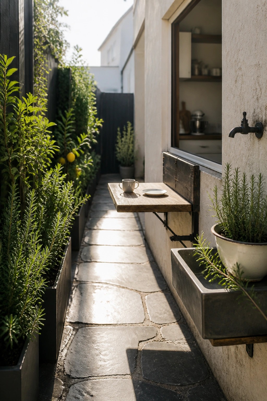 A narrow stone-paved garden path runs between tall planters and a house wall, with a fold-down wooden table holding a cup and saucer beside a window and outdoor faucet.
