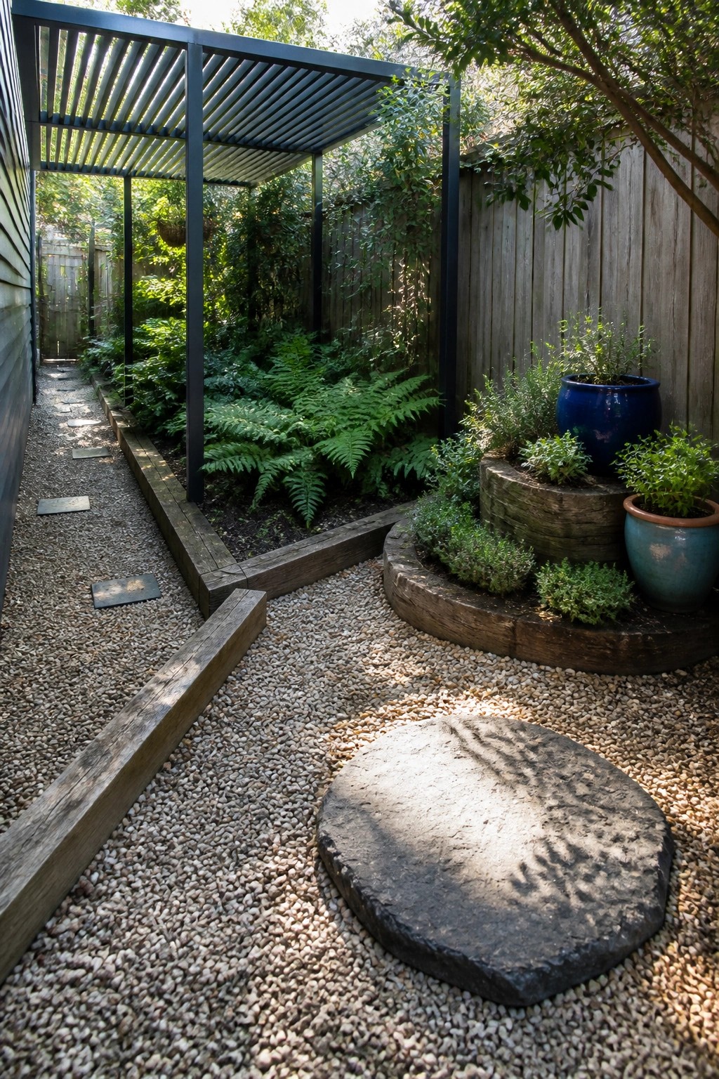 Gravel garden with ferns, wooden planters, blue pots, metal pergola, and stone slab.