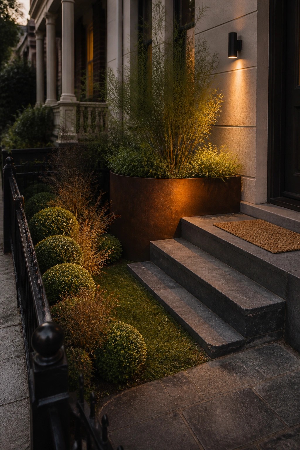 Stone steps beside rusted planter with tall plants under warm wall light