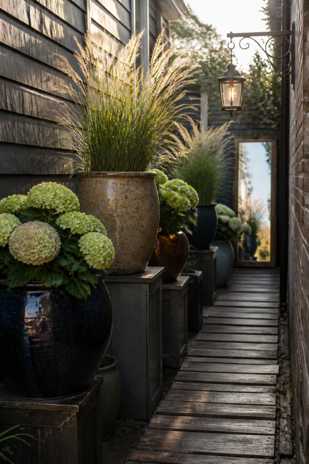 A narrow wooden walkway bordered by large ceramic pots filled with tall grasses and green hydrangeas, set between a dark wooden wall and a brick wall with a hanging lantern overhead.