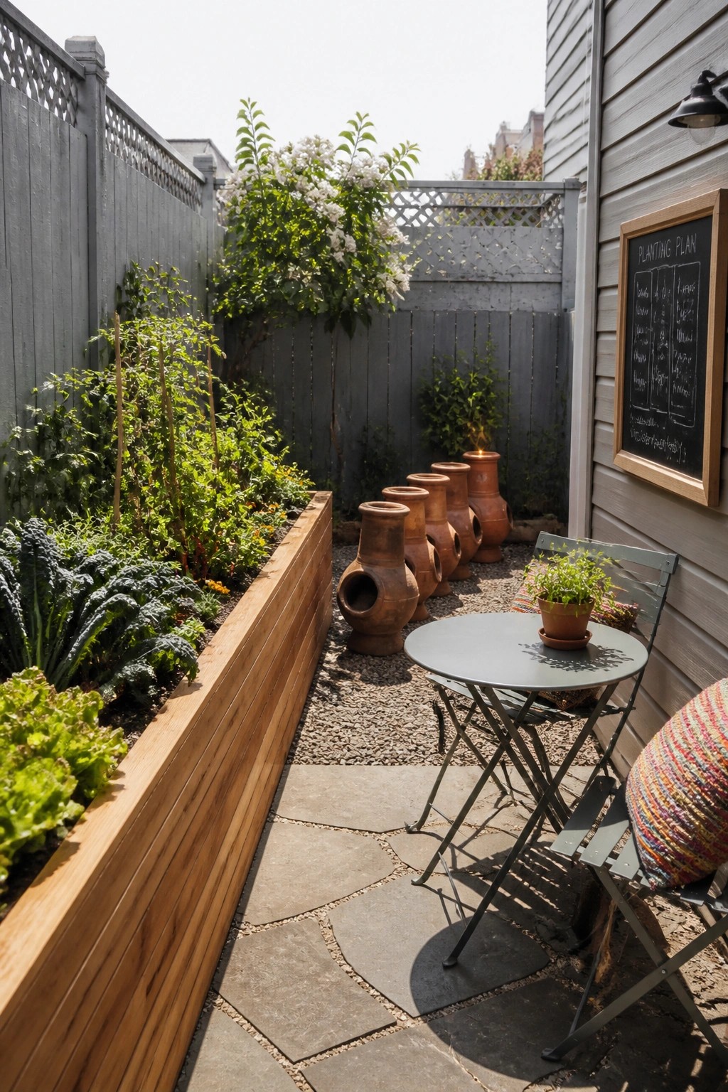A narrow garden with a wooden raised bed on the left, a stone and gravel path, and a row of terracotta pots along the fence beside a small metal table and chairs.