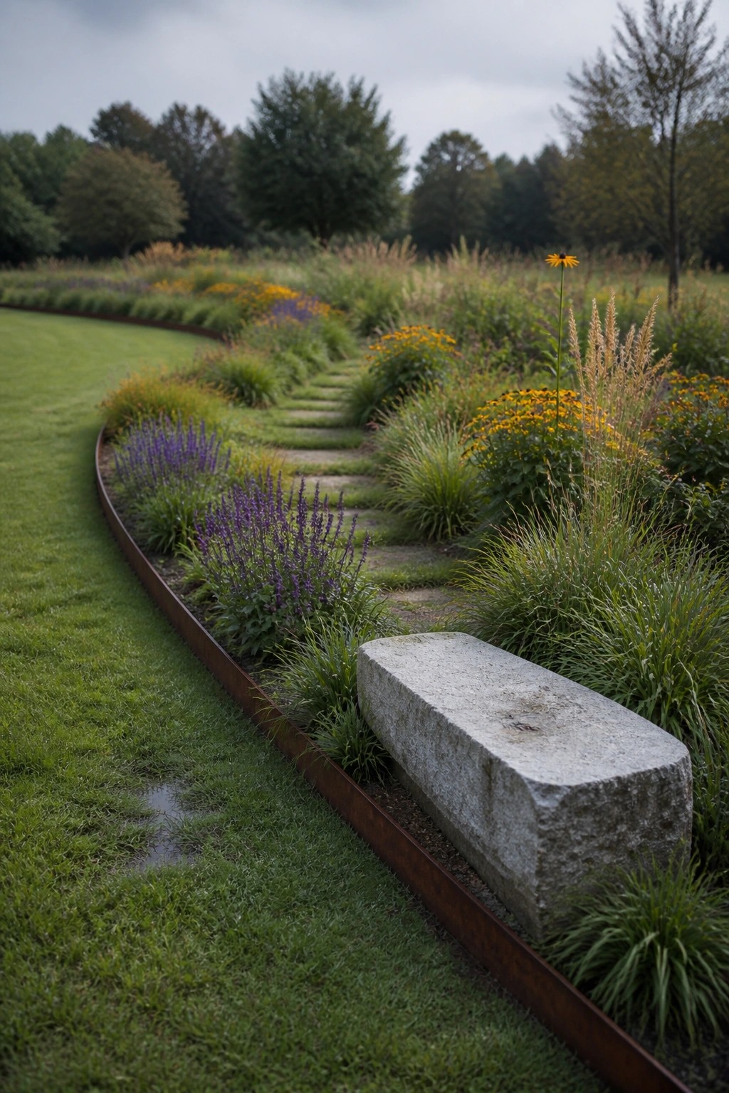A garden with curved rusted metal edging along a lawn edge, a stone bench, a stepping stone path, and mixed flower beds with purple and yellow blooms.