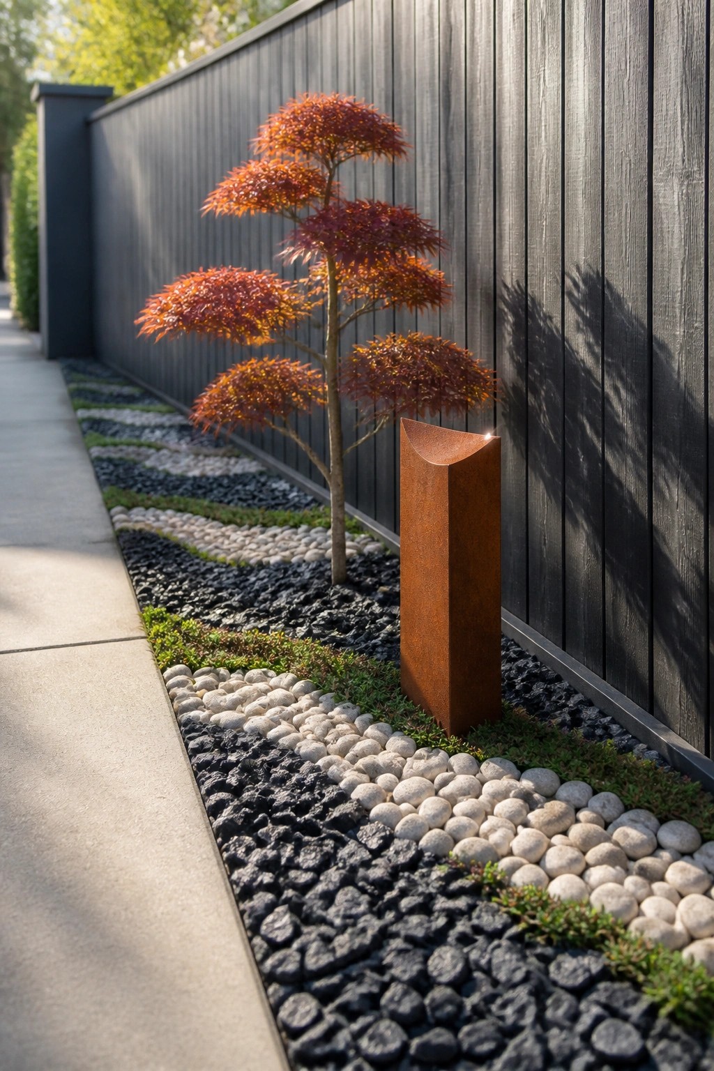 Rusted metal sculpture beside red-leafed tree in pebble garden by dark fence