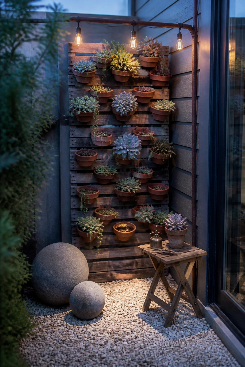 A wooden pallet mounted vertically on a wall holds multiple terracotta pots with succulents above a gravel surface that includes two large stones and a small wooden table.