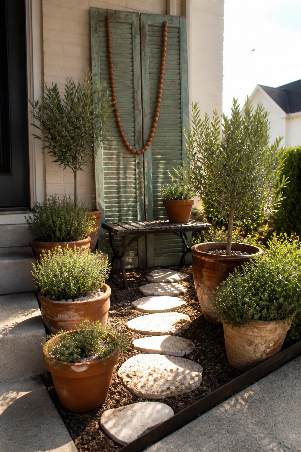 A narrow mulched garden bed runs beside a house wall with a curving path of light stepping stones and several large terracotta pots holding shrubs and small trees.