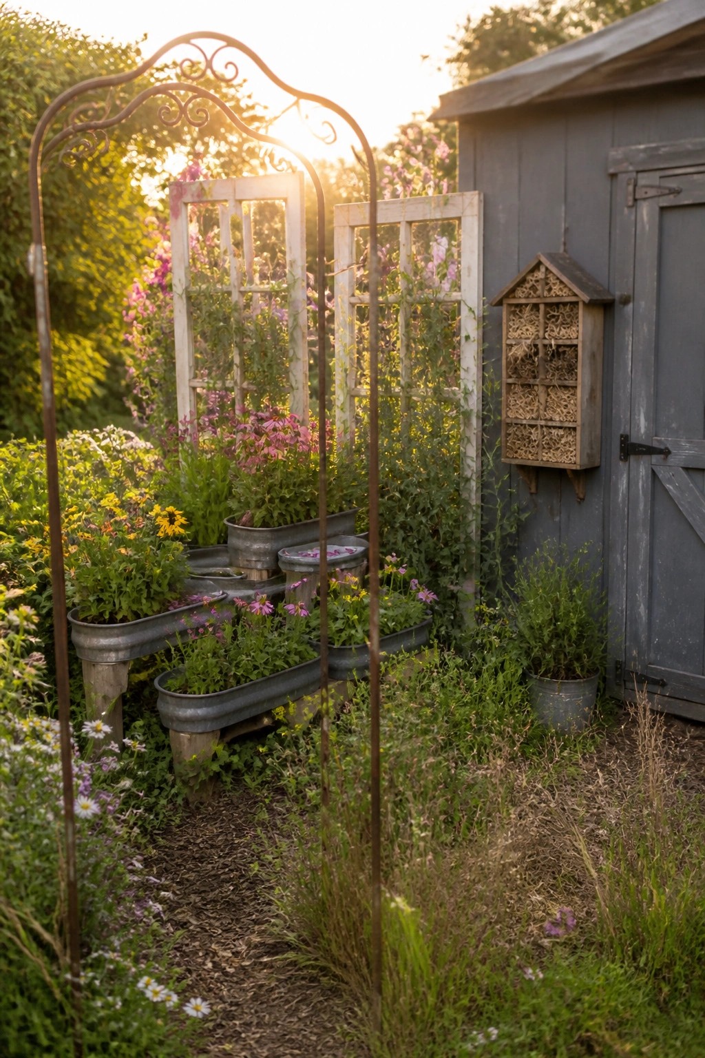Rustic garden with metal arch, vintage windows, and flower-filled planters by shed