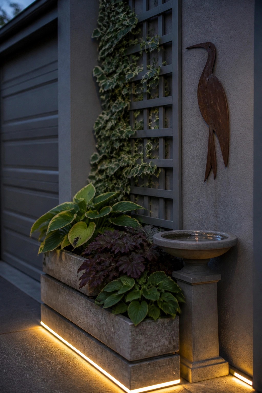 Stone planters with glowing plants beside birdbath and metal bird sculpture on wall