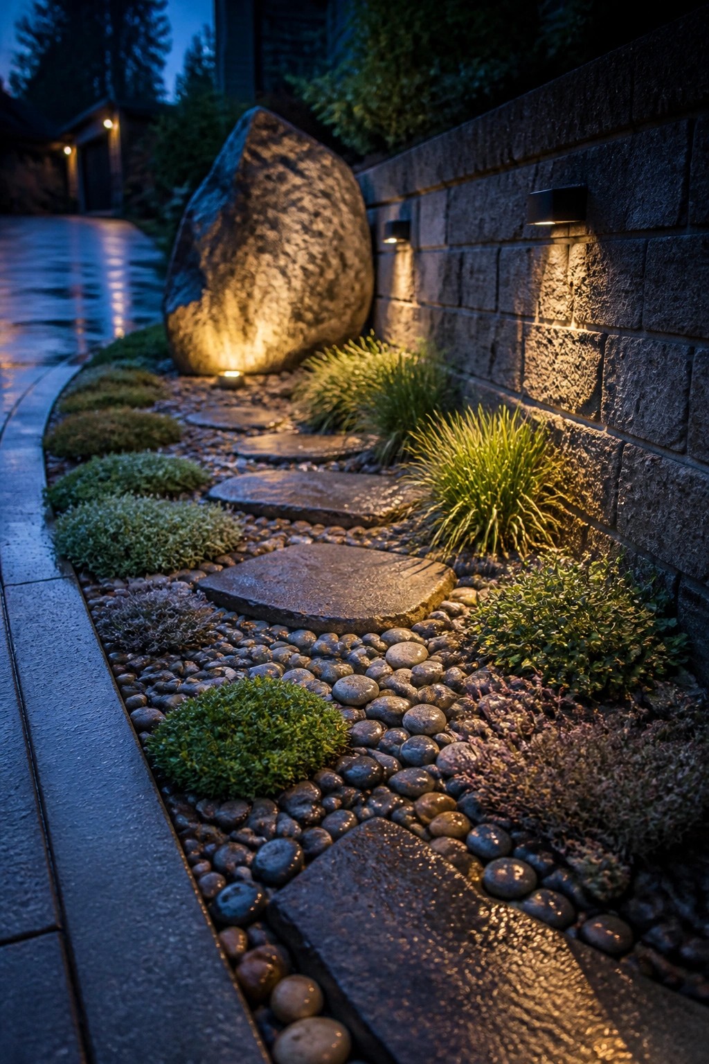 A narrow landscaped strip beside a stone wall shows flat stepping stones set among pebbles with low green plants and a large lit boulder at one end.