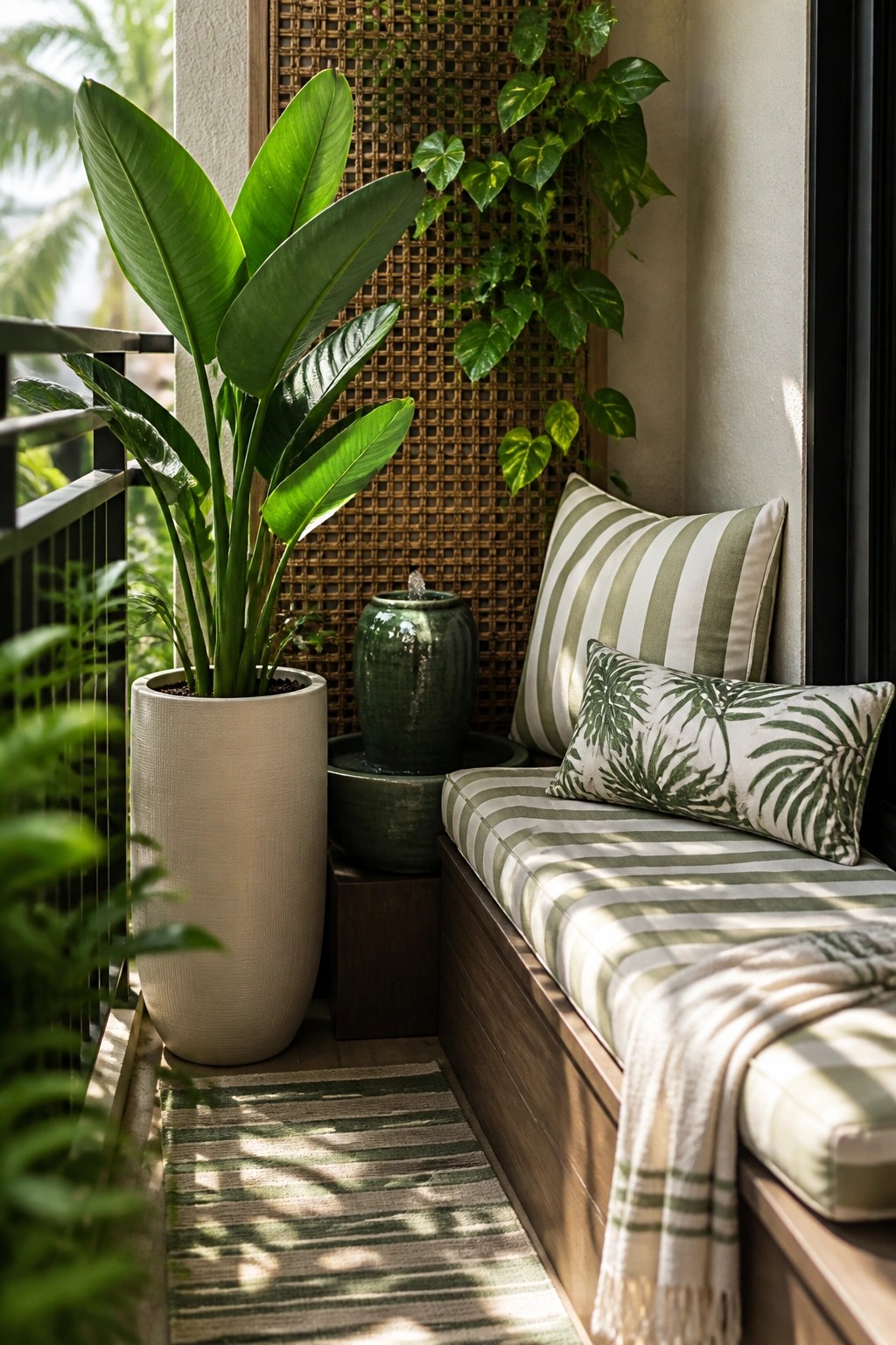 Sunny balcony with striped bench, large potted plants, and green fountain
