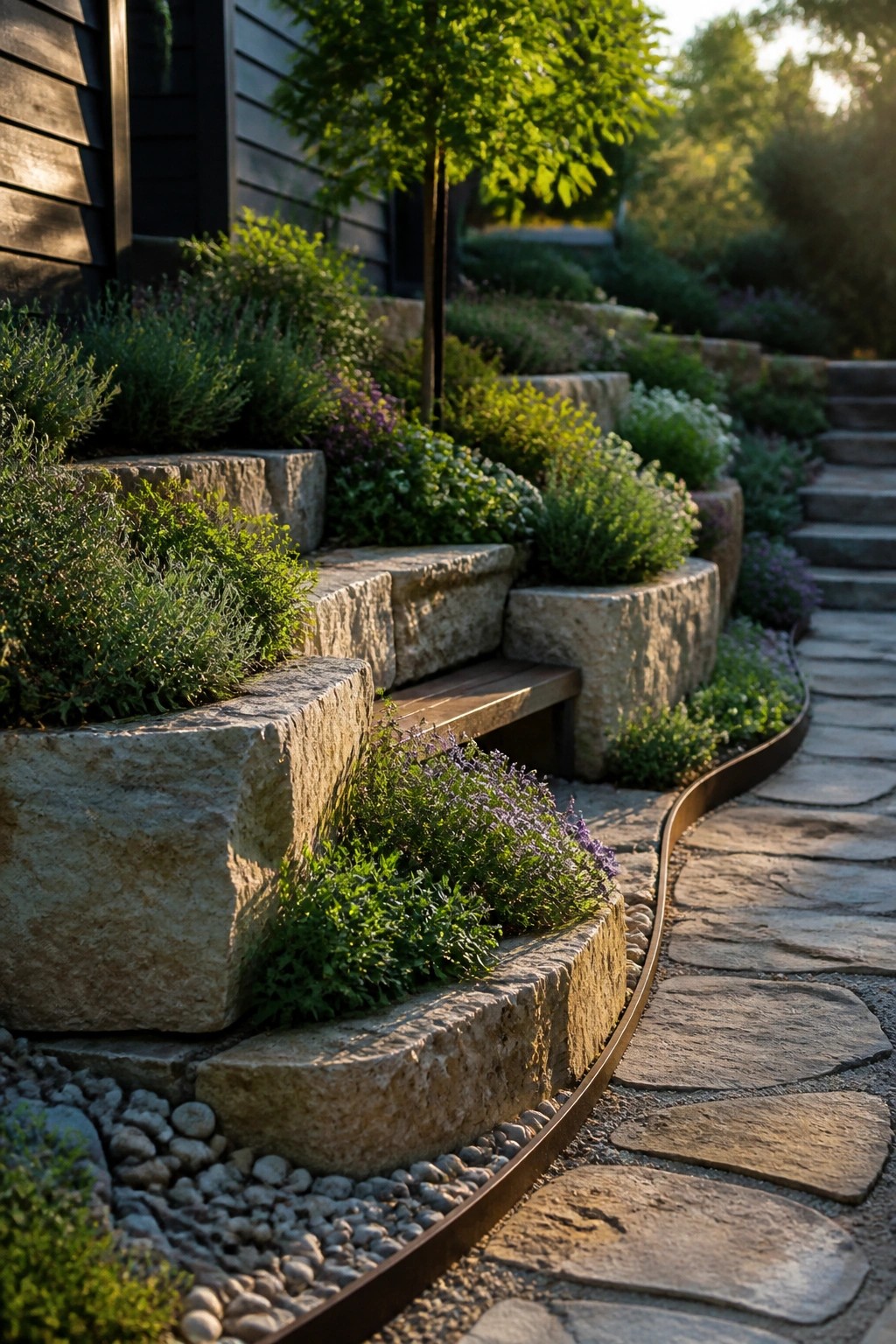 Stone terraces with green shrubs and purple flowers along a winding path
